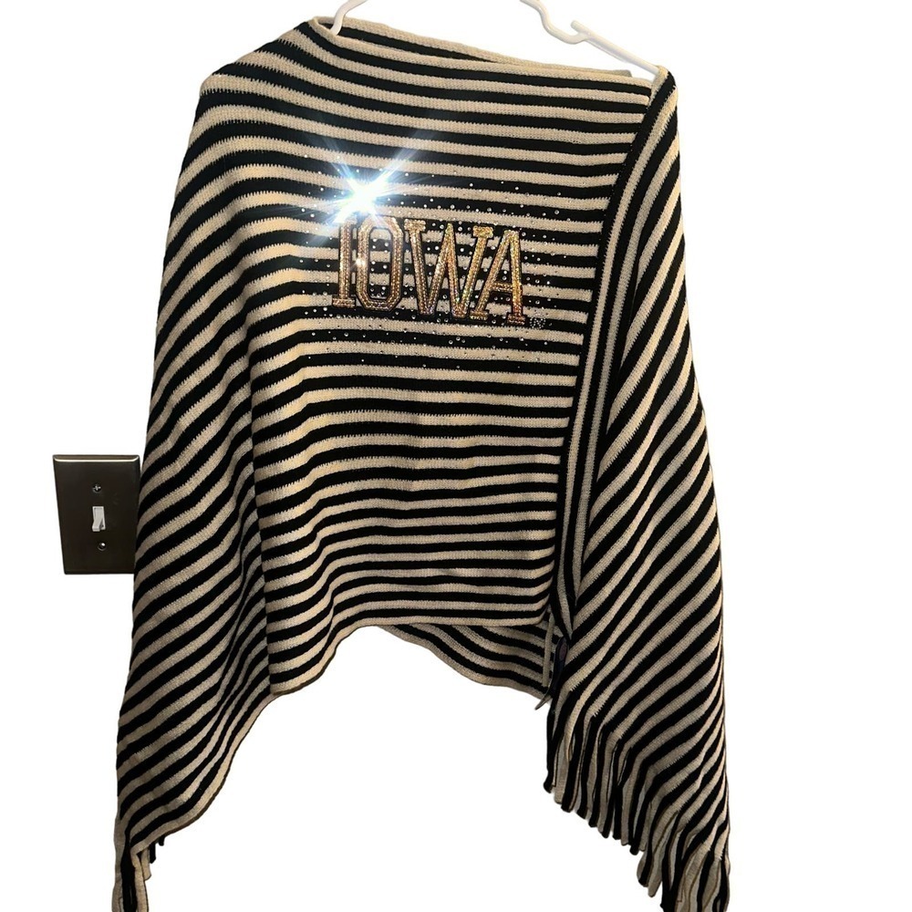 Black and White Striped Poncho Top with IOWA Embellishment